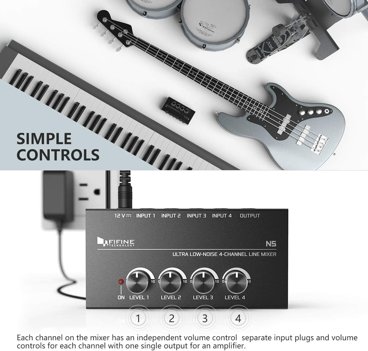 FIFINE Ultra Low-Noise 4-Channel Line Mixer for Sub-Mixing,4 Stereo Channel Mini Audio Mixer with AC adapter.Ideal for Small Club or Bar. As Microphones,Guitars,Bass,Keyboards or Stage Sub Mixer-N5