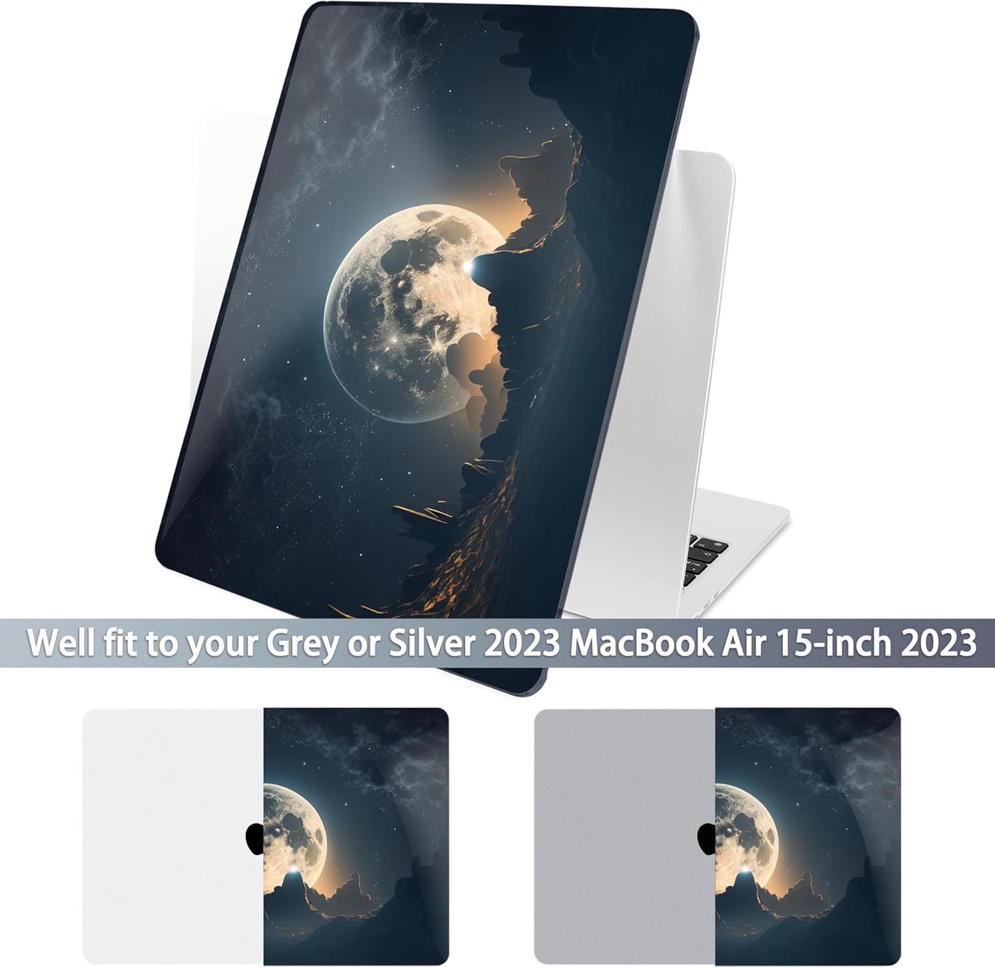 Batianda Premium Case for New MacBook Air 15 inch 2025 2024 2023 with M4 M3 M2 Chip, Designed Black Protective Plastic Hardshell & Keyboard Cover & Screen Protector, Moon in Sky