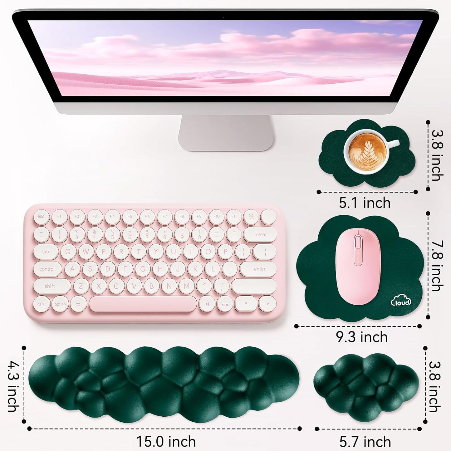 Cloud Wrist Rest for Computer Keyboard, 4-in-1 Memory Foam Leather Cloud Keyboard Wrist Rest and Mouse Pad Set with Ergonomic Support for Arm and Palm Cushion, Gaming/Work Setup, Dark Green