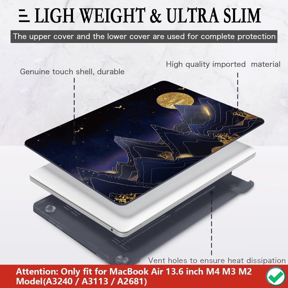 CISSOOK Compatible with MacBook Air 13.6 inch Case 2022 2024 2025 Release Model A2681 A3113 A3240, Plastic Hard Shell Case with Keyboard Cover for MacBook Air 13.6 M2 M3 M4, Gold Moon