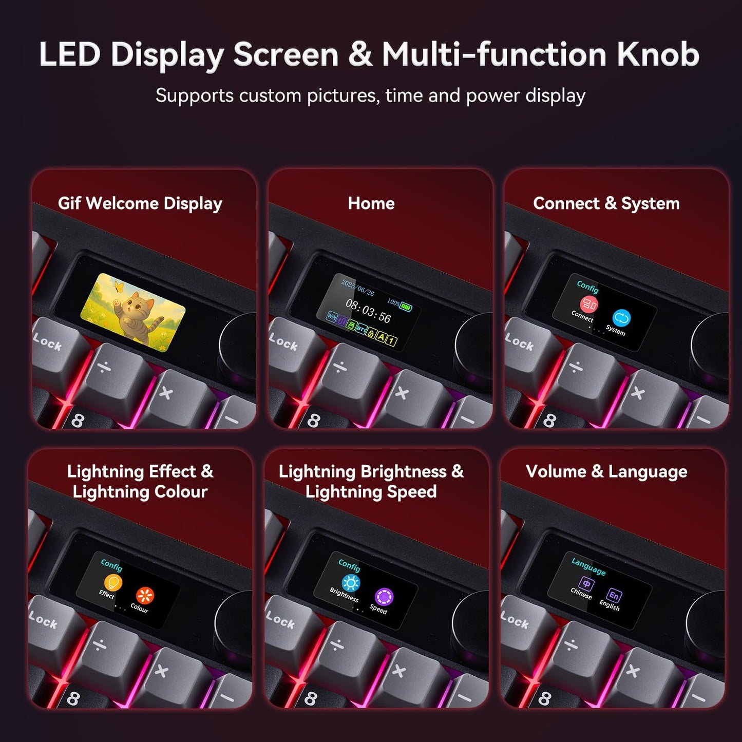 AULA F106 PRO Mechanical Wireless Keyboard,Gaming Keyboard with Knob & Screen Tri-Mode RGB Hot Swappable Custom PBT Keys with 8000mAh for PC/Laptop/Windows - Black Red