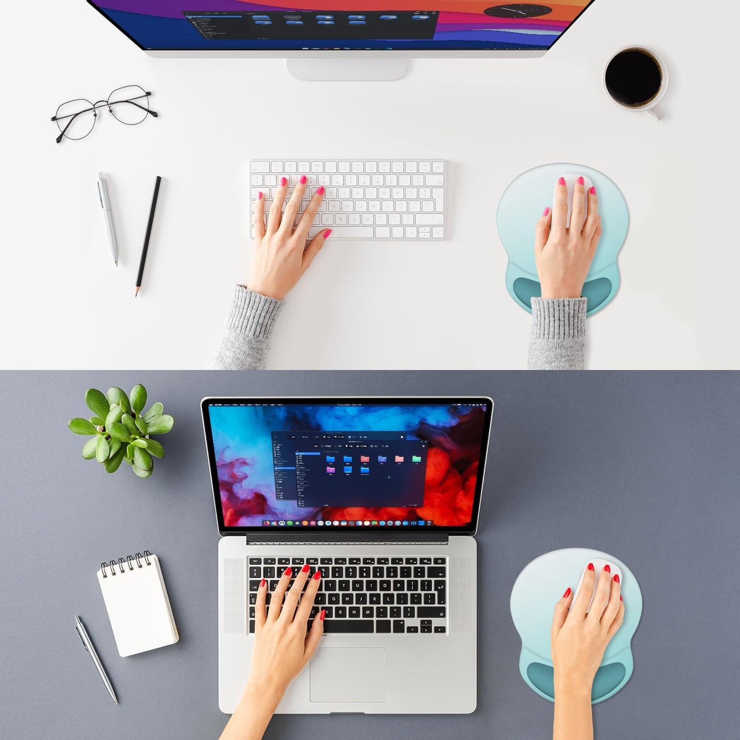 ITNRSIIET Ergonomic Mouse Pad with Comfort Gel Wrist Rest, Non-Slip PU Base, Smooth Textured Surface, Reduces Hand Fatigue & Wrist Pain, 8.7 x 7.2 Inch for Office Gaming Home, Light Green Gradient