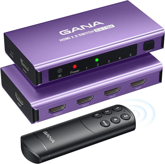 HDMI Switch 5 in 1 Out 4K@60Hz, GANA HDMI Splitter Switcher with Remote, Aluminum HDMI 2.0 Switch Box Hub for 3D, HDCP2.2, HDR, Compatible with Xbox, PS5/4/3,Fire Stick,Roku,Blu-Ray Player, Purple