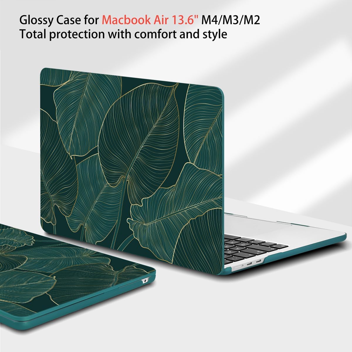 Teryeefi Compatible with MacBook Air 13.6 Case M2 M3 M4 2022-2024 2025 Release (Model:A2681 A3113/A3240), Plastic Hard Shell Cover with Screen Protector & Keyboard Cover & USB 3.0 Adapter, Green Leaf