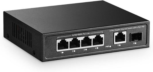 YuLinca 6 Port Mini Gigabit PoE Switch with 4 PoE+ Port, 1 Gigaibt RJ45 Uplink, 1 Gigabit SFP, IEEE802.3af/at, Max 65W, Metal Fanless Plug & Play Ethernet Switch