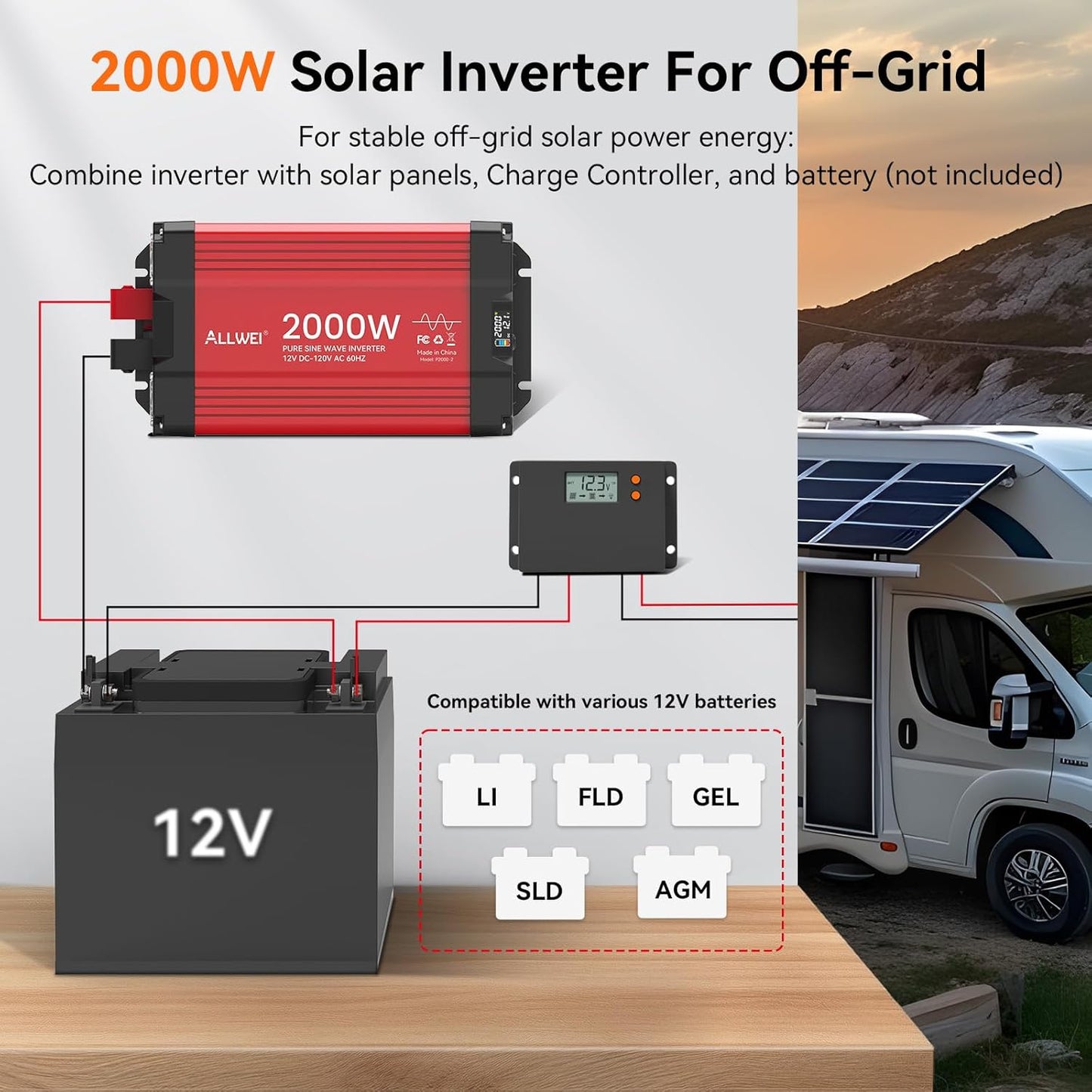 ALLWEI 2000W Pure Sine Wave Inverter 12V DC to 110V/120V AC Converter, Surge 4000W, 2 AC Sockets, LCD Display, Power Inverters for Vehicles, RV Truck Home Solar & Off-Grid Inverter, Remote Controller