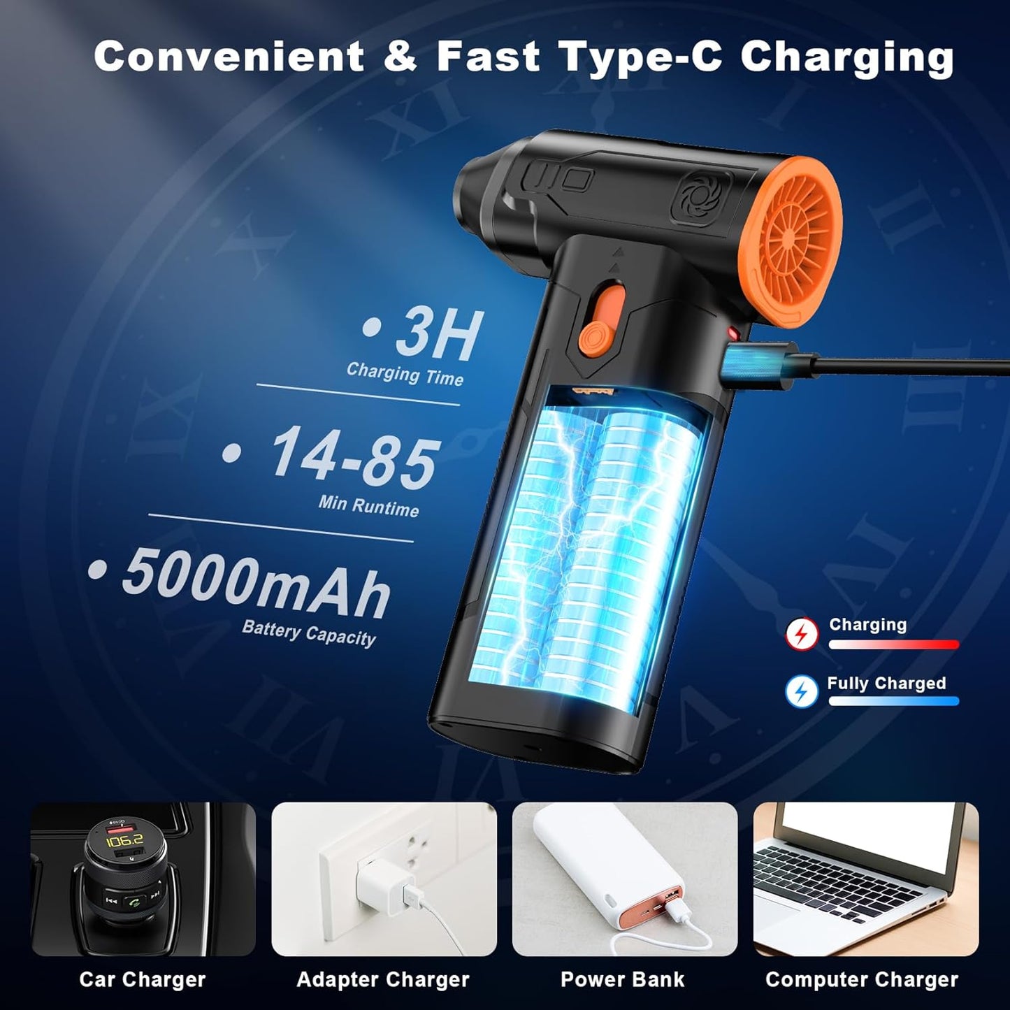 Compressed Air Duster, 130000RPM Multi-Gear Adjustable Electric Air Duster with Brushless Motor, Replaces Compressed Air Cans, Rechargeable Cordless Air Blower for Home Outdoor Computer Keyboard Car