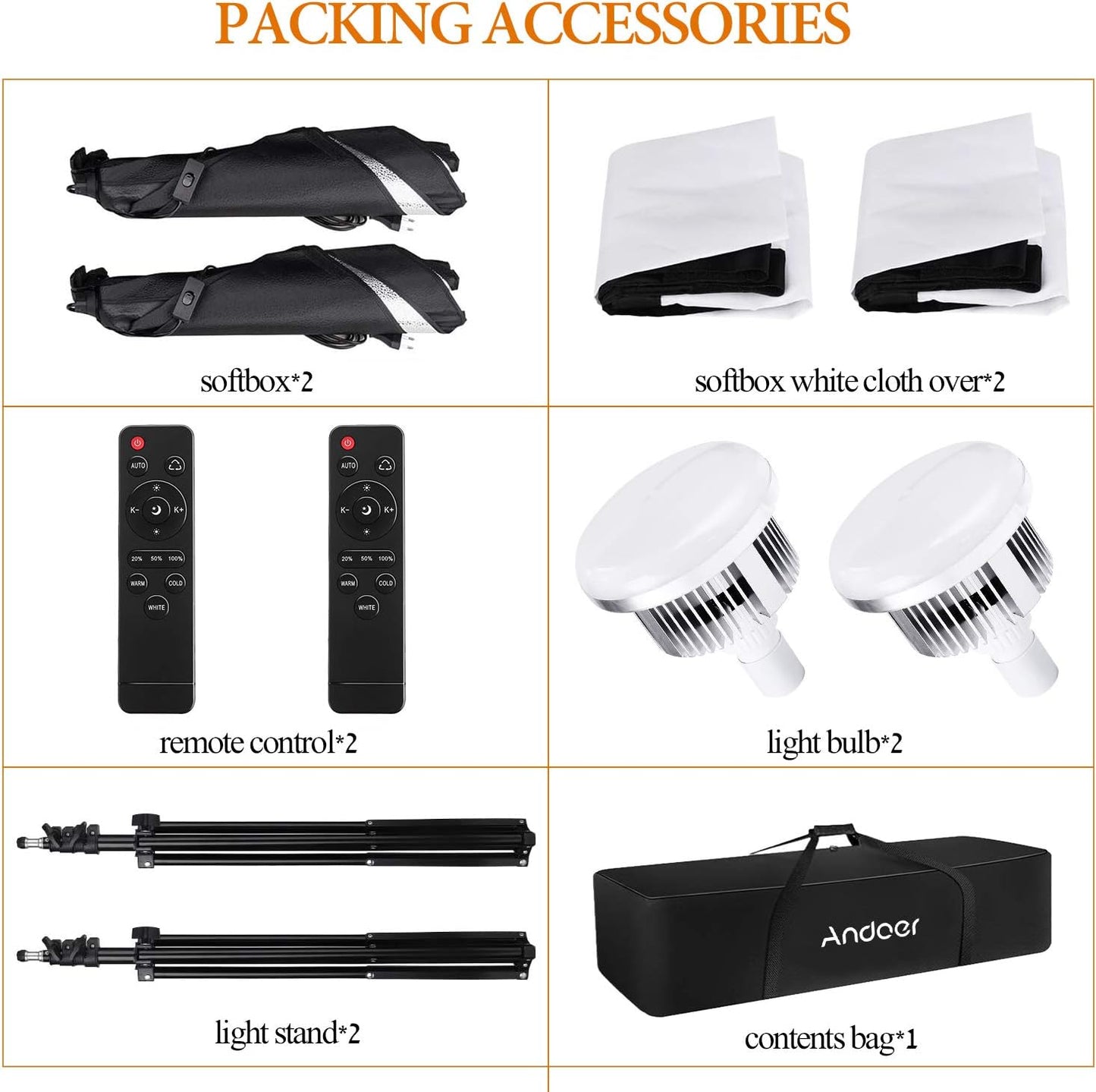 Andoer Studio Photography Light kit Softbox Lighting Set with 85W 2800K-5700K Bi-Color Temperature LED Light * 2 + 50x70cm Softbox * 2 + 2M Light Stand * 2 + Remote Control * 2 + Carry Bag * 1