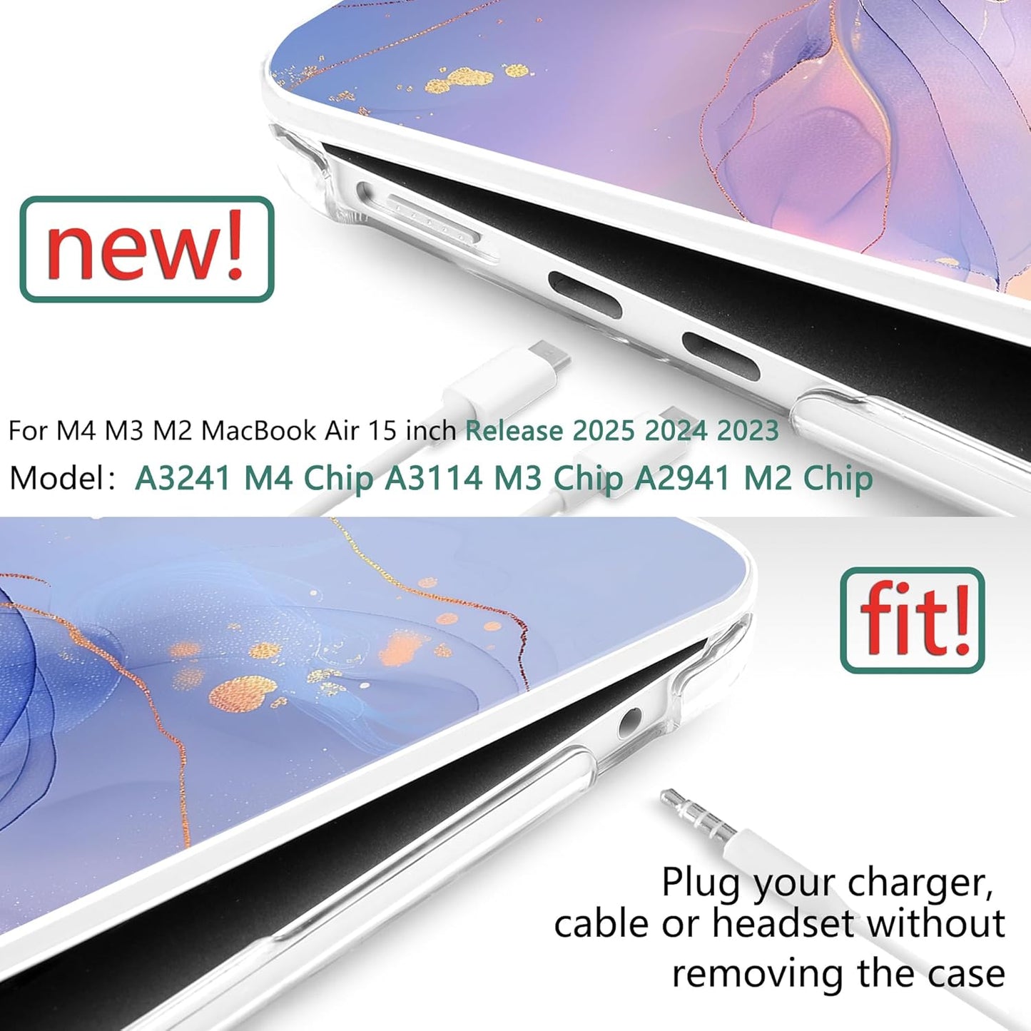 TWOLSKOO Compatible with M4 MacBook Air 15 inch Case 2025-2023 Released Model M4 A3241 M3 A3114 M2 A2941, Plastic Hard Shell & Screen Protector & Keyboard Cover & Type C Adapter, Blue Marble