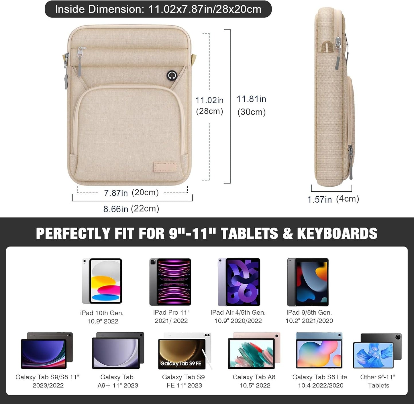 MoKo 9-11 Inch Tablet Sleeve Bag, Fits 11 inch iPad Air M3, iPad A16 2025, Pro 11 M4, iPad 10/9/8/7th, Tab S8/S9 11, Multifunctional Bag with Shoulder and Headphone Port, Sand