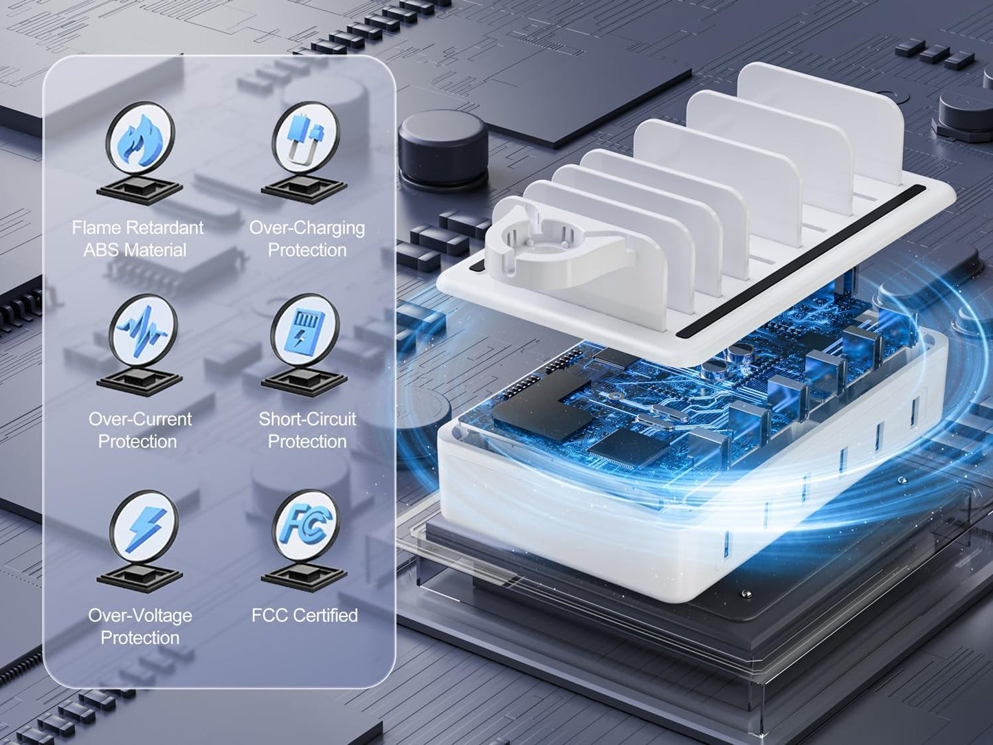 Charging Station for Multiple Devices, 6 Port 50W Fast Multi Charger Station Charging Dock with 6 Mixed Charging Cables for iPhone, iPad, Kindle, Tablet, Cellphone and Others