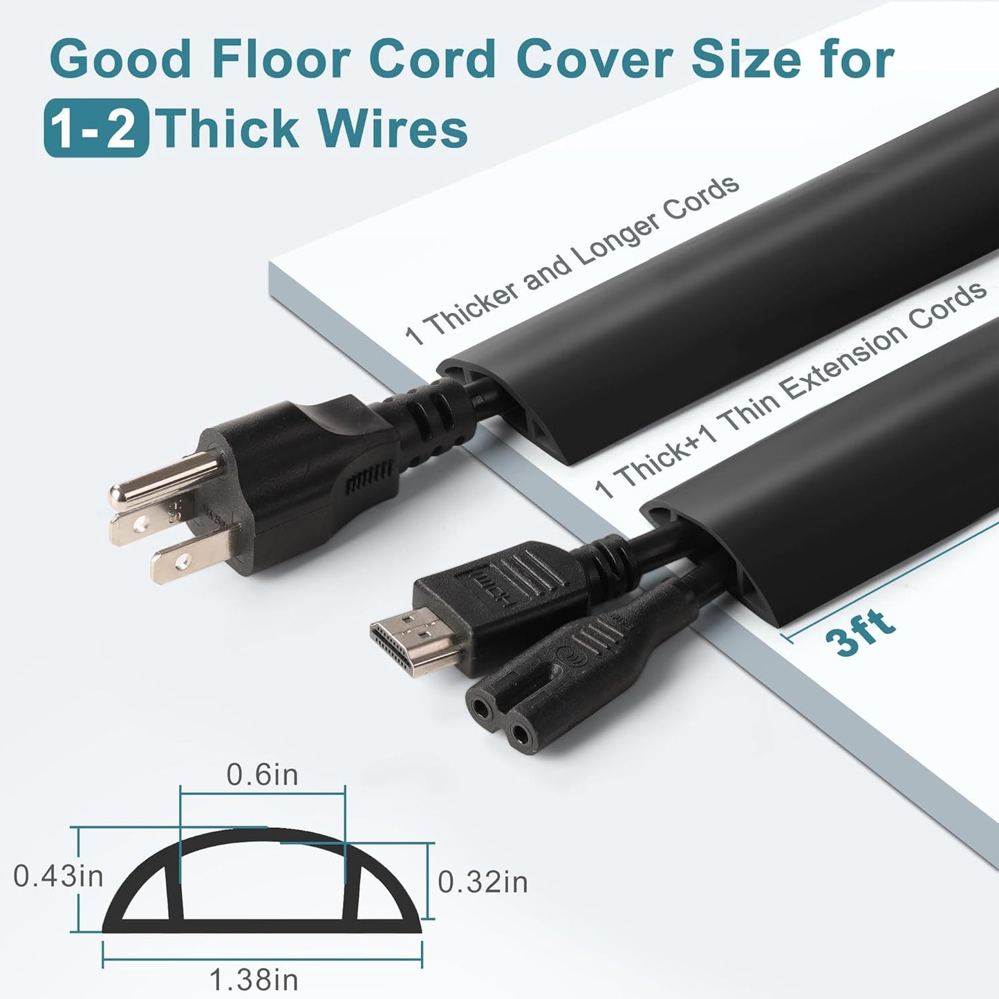 Floor Cable Cover 3ft Black, LZEOY Cord Covers for Wires on Floor, Cord Hider Floor Cable Management, Extension Cord Floor Cover Low Profile, Floor Cord Cover for Office/Carpet/Floor