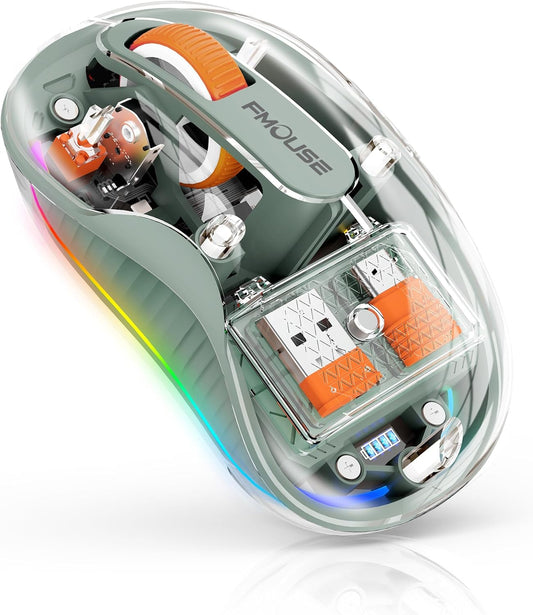 Bluetooth Wireless Mouse, Transparent RGB Tri-Modes Mouse,Bluetooth & 2.4GHz for Multi Device, USB-C Receiver Ideal for MacBook/Laptops, Rechargeable, Silent, Portable, Cool LED, Ergonomic - Green