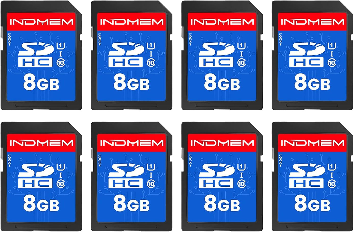 INDMEM SD Card 8GB, 8 Packs Class 10 8GB Flash Memory Card MLC Standard Secure Digital Cards Camera Card