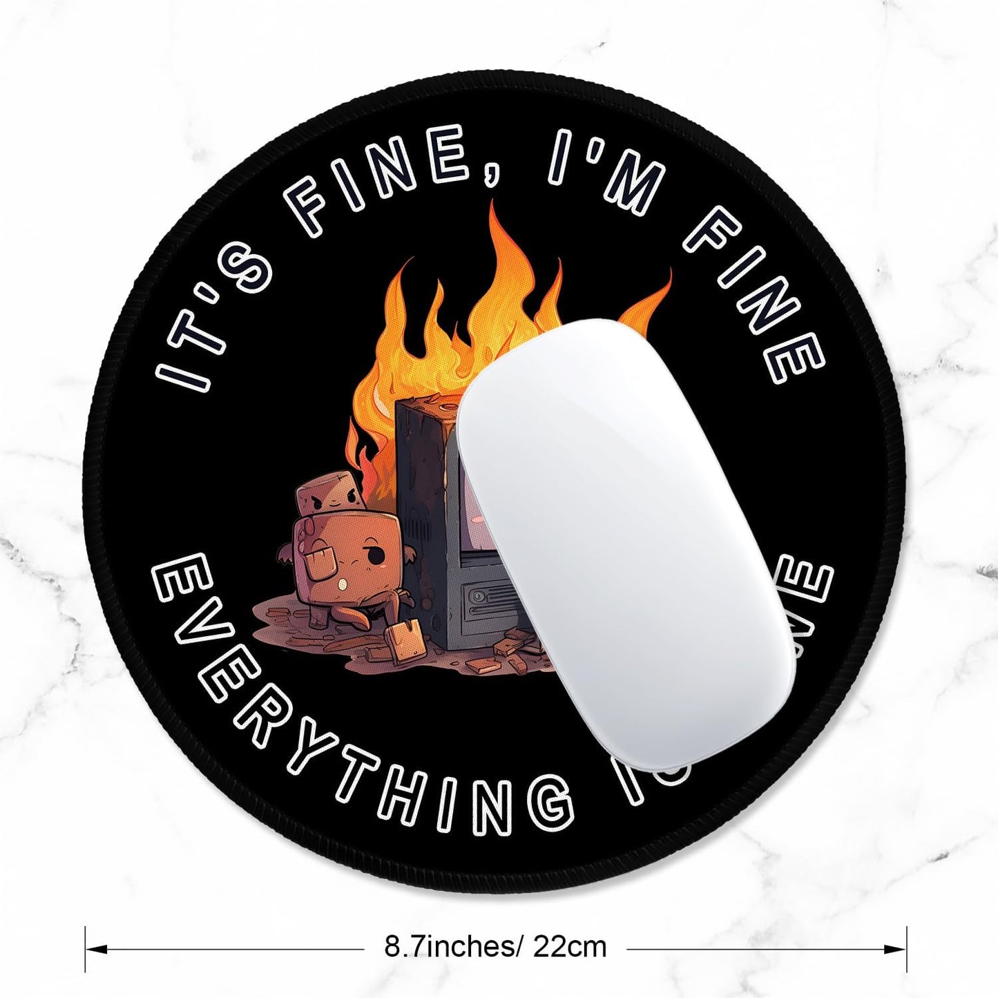 ITNRSIIET Round Mouse Pad with Stitched Edge Premium-Textured Waterproof Non-Slip Rubber Base Desktop Protection Mat Diameter 8.7 inches, Funny Burning Box