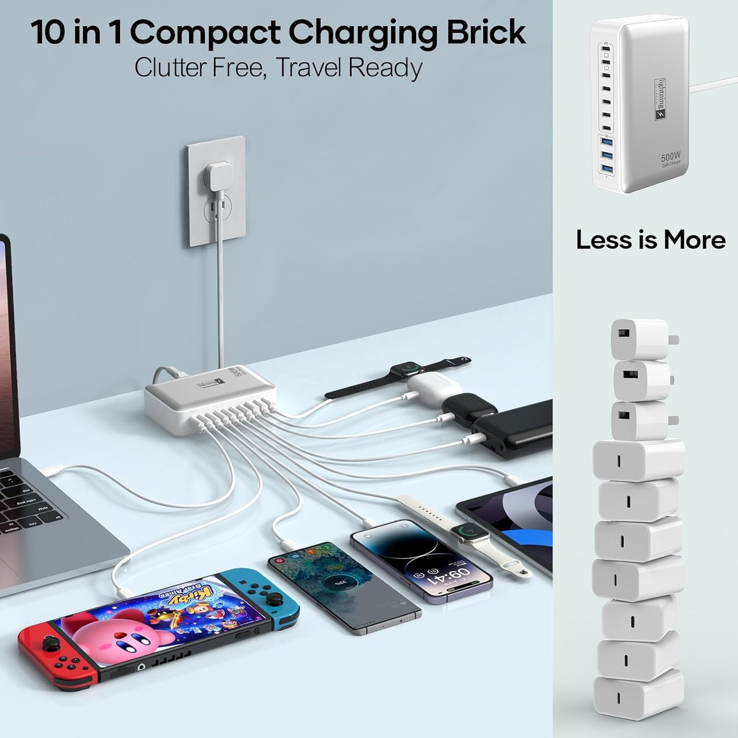 500W Charging Station for Multiple Devices, 10 Ports Charging Blocks for Laptops/Tablets/Cellphones, 140W Max GaN Charger Super Fast Charging for MacBook, Ipad, iPhone, Power Adapter for Travel