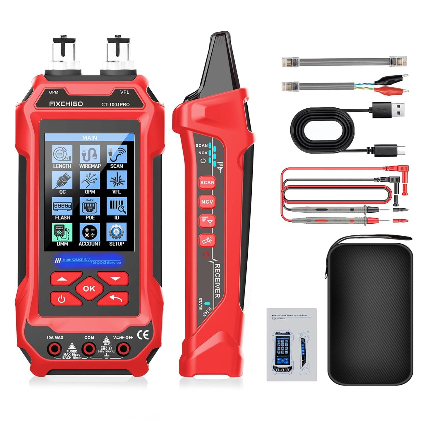 11 In 1 Network Cable Tester with 60000 Digit Multimeter 7 Wavelengths OPM 10Km/10mW VFL 600M Measurable Length 100 Records Tool Kit for CAT5 CAT6 Telephone Ethernet RJ11 RJ45 PoE Wire Tracer NCV, Red