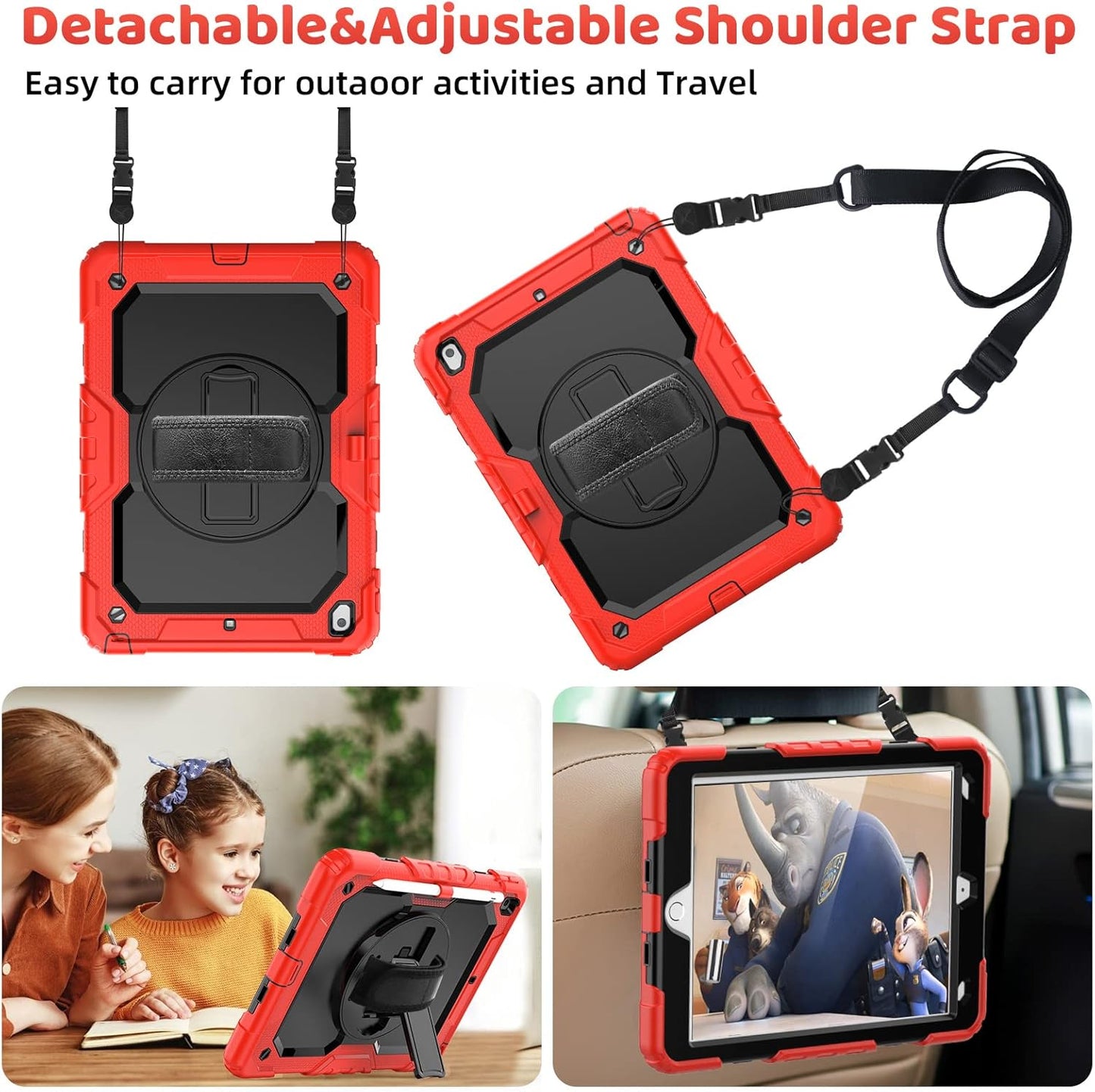 BLOSOMEET Case for iPad 9th Generation 8th Generation 2021 2020 10.2 Inch with Tempered Glass Screen Protector & Pencil Holder, Kids iPad 10.2 7th Gen Cover 2019 w/Stand Hand Shoulder Strap,Red