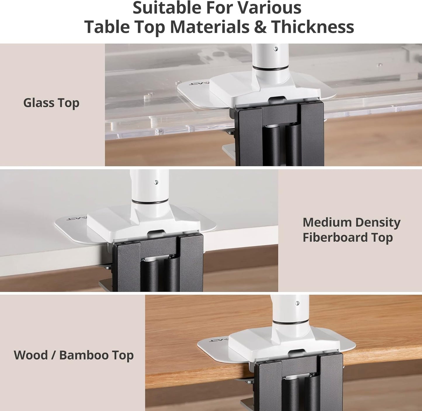 AVLT Adjustable Reinforcement Plate Bracket Mount for Fragile Tabletop - Supports Monitor Stand with C Clamp Or Grommet Installation - White