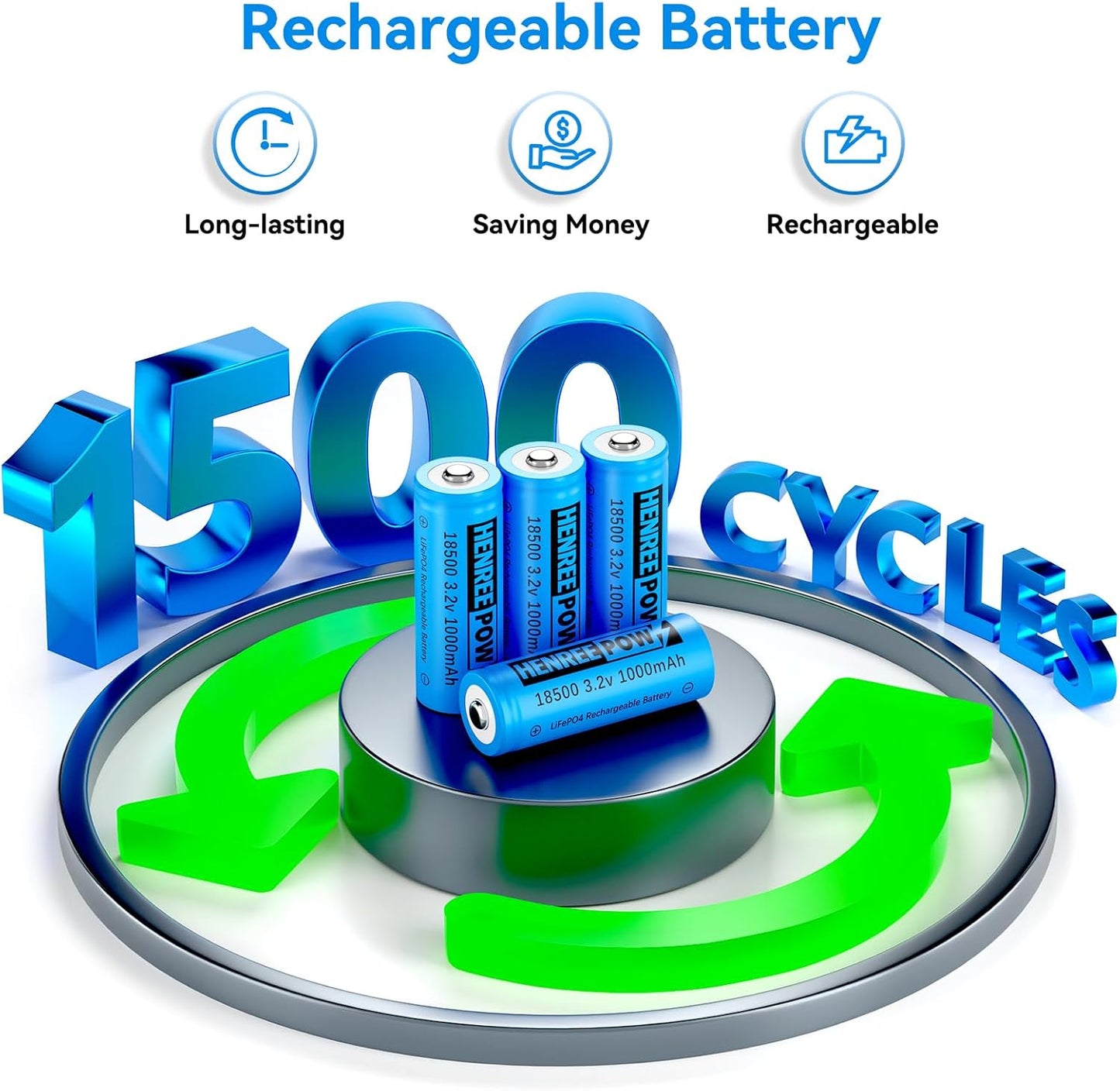 Henreepow 18500 3.2v LiFePo4 Rechargeable Battery, 3.2v LiFePo4 Rechargeable Battery 1000mAh for Outdoor Garden Solar Lights, Flashlight (18500-3.2v-6Pack)