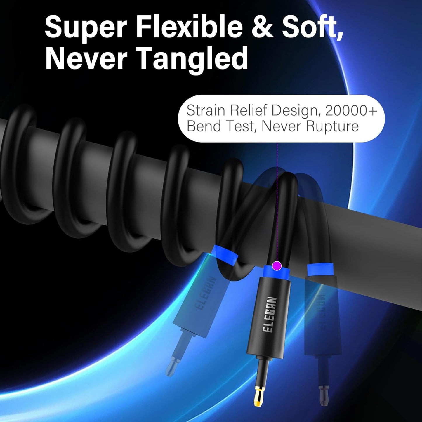 Elecan Mini Toslink to Toslink Digital Optical S/PDIF Audio Cable 6 Ft, Gold Plated Soft Flexible Fiber Optic Cable,Signal Protection PVC,Surround Sound for Soundbar,Home Theater,Hi-Fi System+Ties MI