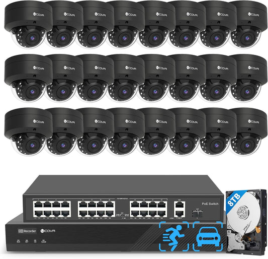 4COVR 4K PoE 32 Channel Security Camera System AI Human Vehicle Detection, 24Pcs 8MP IK10 Vandal-Proof Dome IP Camera IP67 with Mic, 4K UHD NVR 8TB HDD, Commercial Surveillance Outdoor, LY54AB8M3224