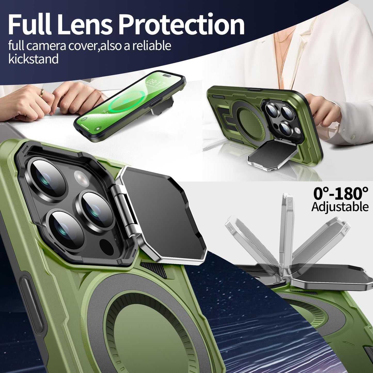 Camera Stand Case for iPhone 15 Pro, [Compatible with Mag Safe] [Lens Cover] 2024 Version Military Grade Protective Soft Case for iPhone 15 Pro 6.1 inch Men Women, Green