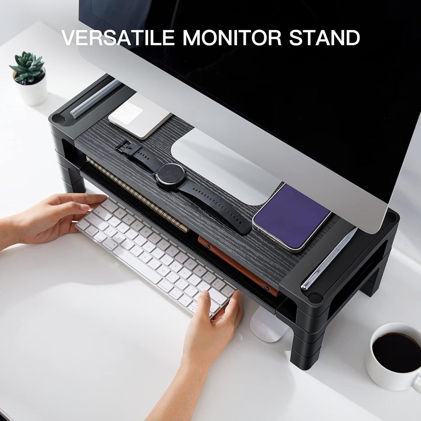 HUANUO Monitor Stand Computer Riser, Monitor Stand for Desk with Adjustable Height and 2 Platforms, Ergonomic Computer Riser, Monitor Riser for Laptops and Monitors, HNMS04