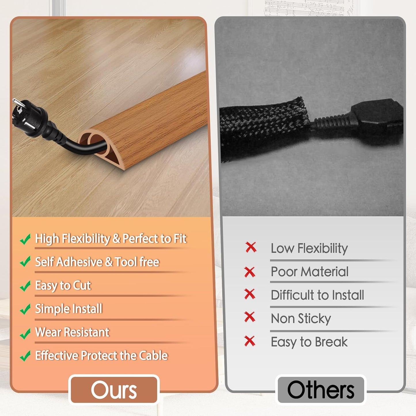 Floor Cord Cover for Wires on Floor Self Adhesive Cord Hider Floor Cable Management Wire Covers for Cords Protector Prevent Cable Trips Cord Cavity W 0.32" x H 0.32", Brown Wood, 3.3Ft