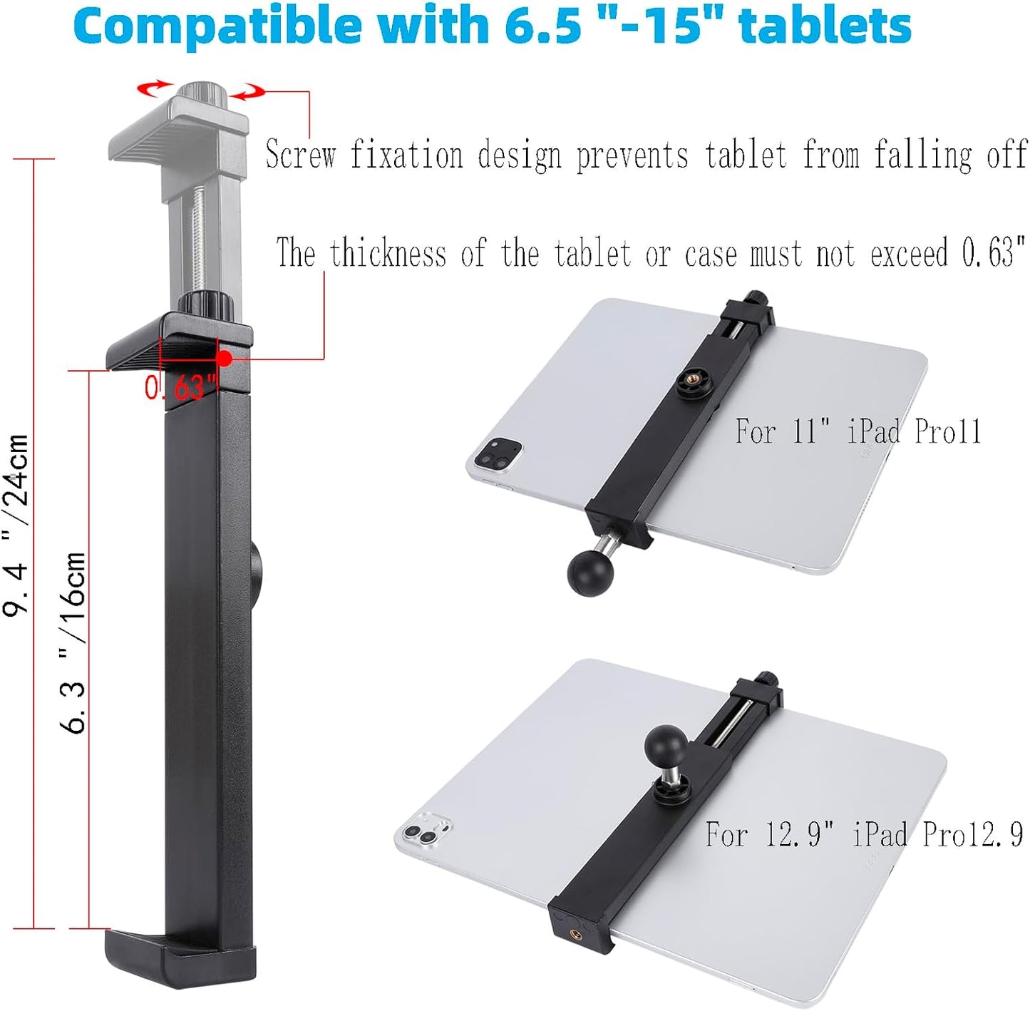 Aluminum Heavy Duty Drill Base Car Tablet Mount for 6.5"-12.9" Tablets/iPad Pro/Mini/Samsung Tab/Surface, 360° Adjustable 2-Stage Tablet Holder for Truck, Business Vehicle, Desktop, Wall, etc.