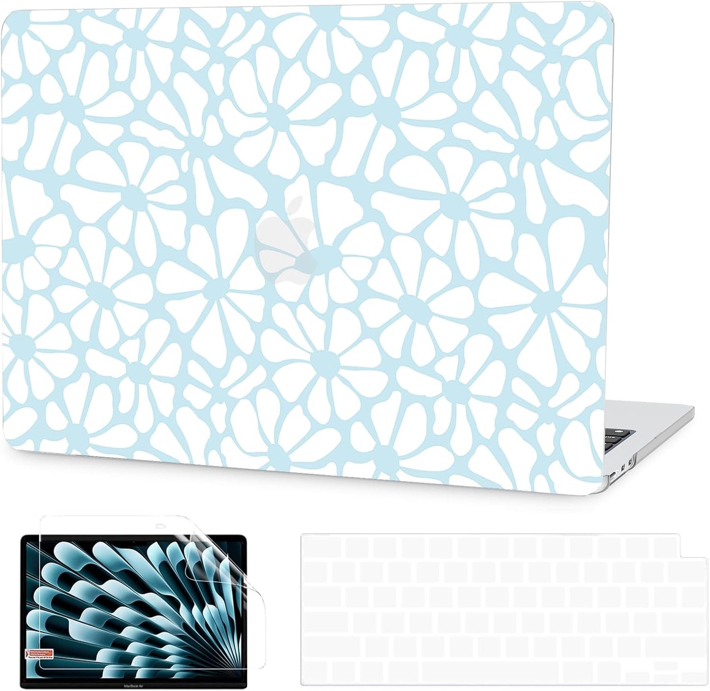 G JGOO Compatible with MacBook Air 13 inch Case 2025 2024 2023 2022 M4 A3240 M3 A3113 M2 A2681, Plastic Hard Shell for MacBook Air 13.6 inch Case + Keyboard Cover + Screen Protector, Blue Flower