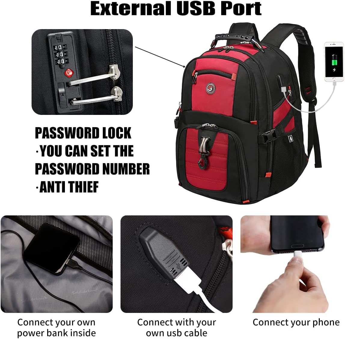 SHRRADOO Extra Large 50L Travel Laptop Backpack with USB Charging Port, College High School Backpack Airline Approved Business Work Bag Fit 17 Inch Laptops for Men Women,Red