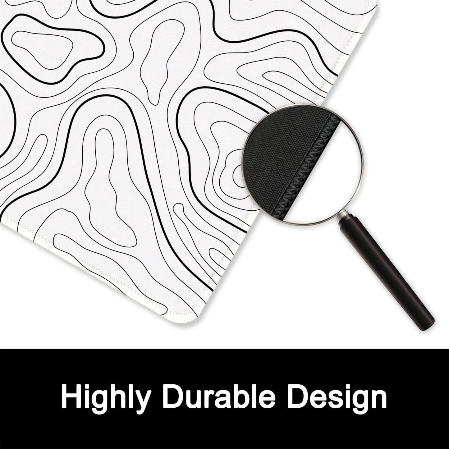 ITNRSIIET Mouse Pad with Stitched Edge Premium Textured Smooth Precise Operation Waterproof Washable Non-Slip Rubber Base Desktop Protection Mat, 10.2×8.3×0.12 inches, Topographic Contour White