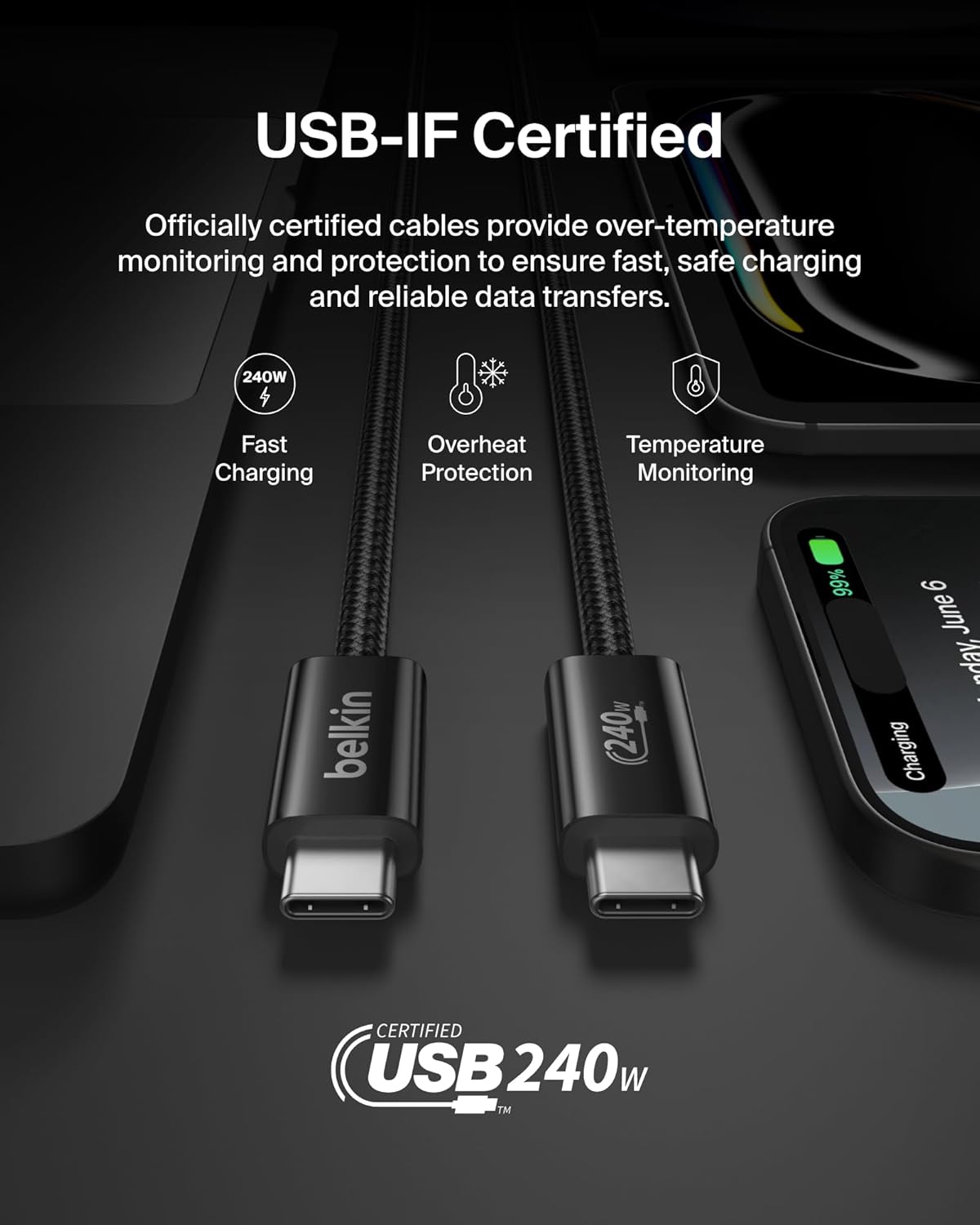 Belkin USB C to USB C Cable, 9.9ft, 240W - Type C Charger, iPhone Charger Cord, Soft, Braided, Flexible for iPhone 17, Galaxy S25, Pixel 10, MacBook, Chromebook, iPad Pro, Switch Steam Deck – Black