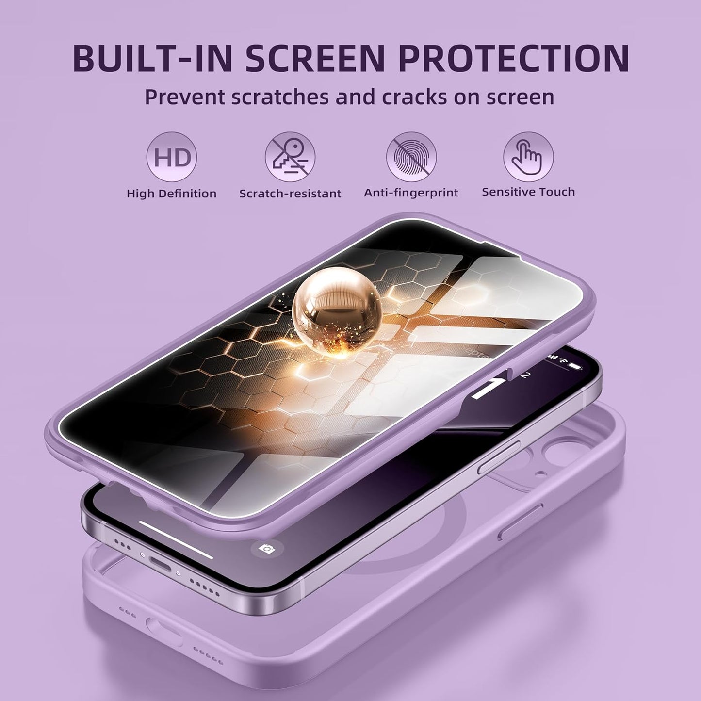 BERFY Magnetic for iPhone 14 Case, Compatible with MagSafe, Built-in Privacy Screen Protector and Upgraded Camera Protection, Anti-Spy Full Body Shockproof Phone Case for 14 6.1", Light Purple
