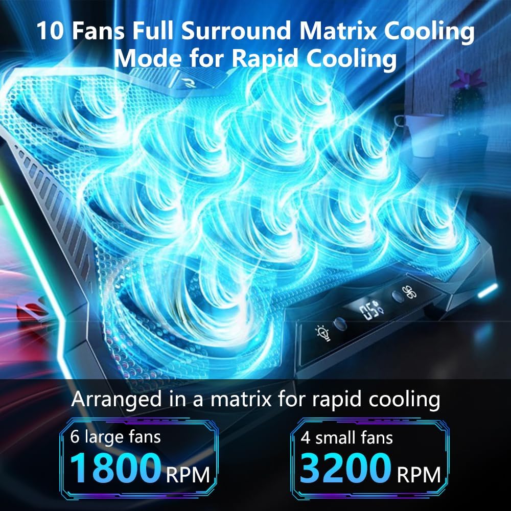 G-STORY Gaming Laptop Cooling Pad, RGB Lights Laptop Cooler with 10 Powerful Turbo Fans for 12-18 Inch Notebooks,8 Height Adjustable Stand and 1 USB Port