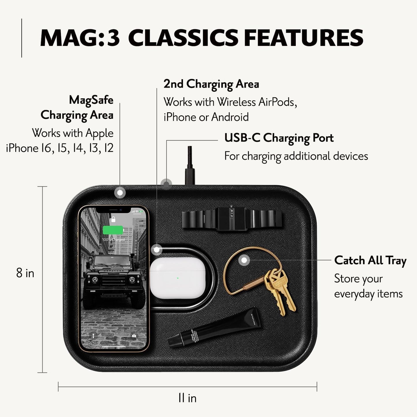 Courant MAG:3 Classics Charger and Tray - Italian Leather, Multi-Device Charger Compatible with MagSafe iPhones 16, 15, 14, 13, 12 or Wireless AirPod Cases (Black)