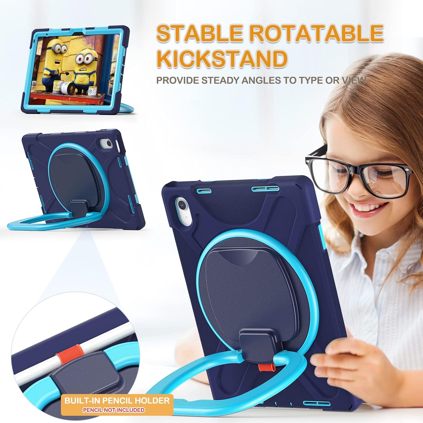 BRAECN Case for iPad (A16) 11th/10th Generation 11”/10.9'' 2025/2022, Heavy Duty Shockproof Cover with Pencil Holder/Screen Protector/Rotating Handle Grip/Stable Kickstand/Shoulder Strap, Navy Blue