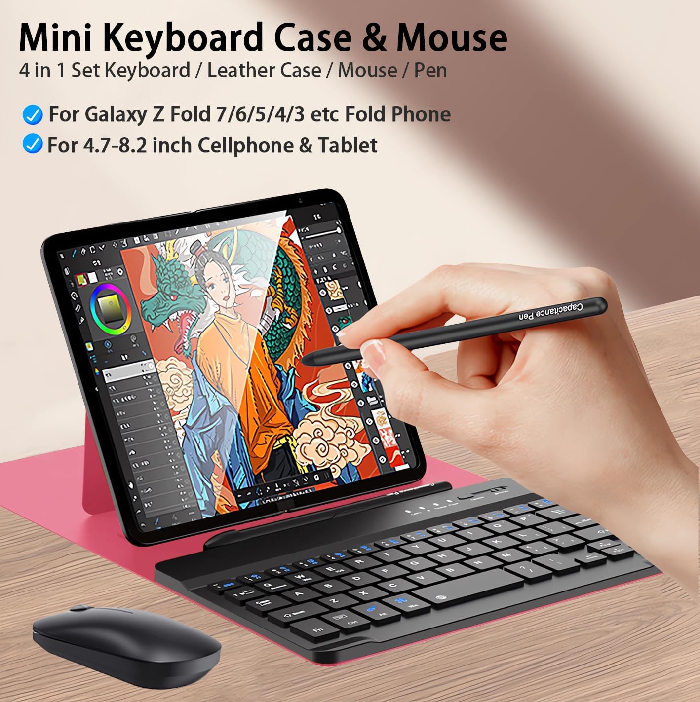 for Samsung Galaxy Z Fold 7 6 5 Keyboard and Mouse, Portable Mini Bluetooth Keyboard with Leather Case and Capacitive Pen, 4 in 1 Set for Z Fold 7 Accessories