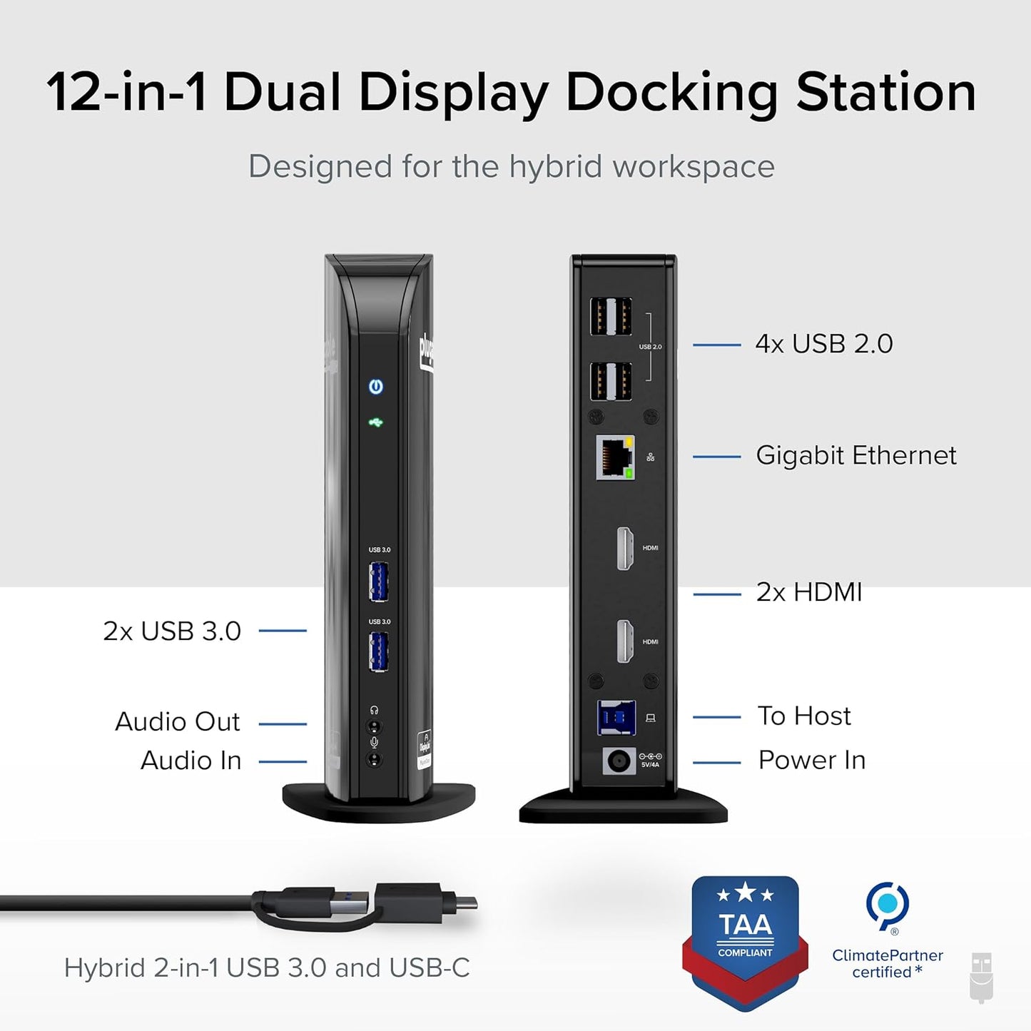Plugable Universal Laptop Docking Station Dual HDMI Monitor for Windows and Mac (Driver Required), USB 3.0 or USB-C, 2X HDMI, Gigabit Ethernet, Audio, 6 USB Ports (UD-3900)