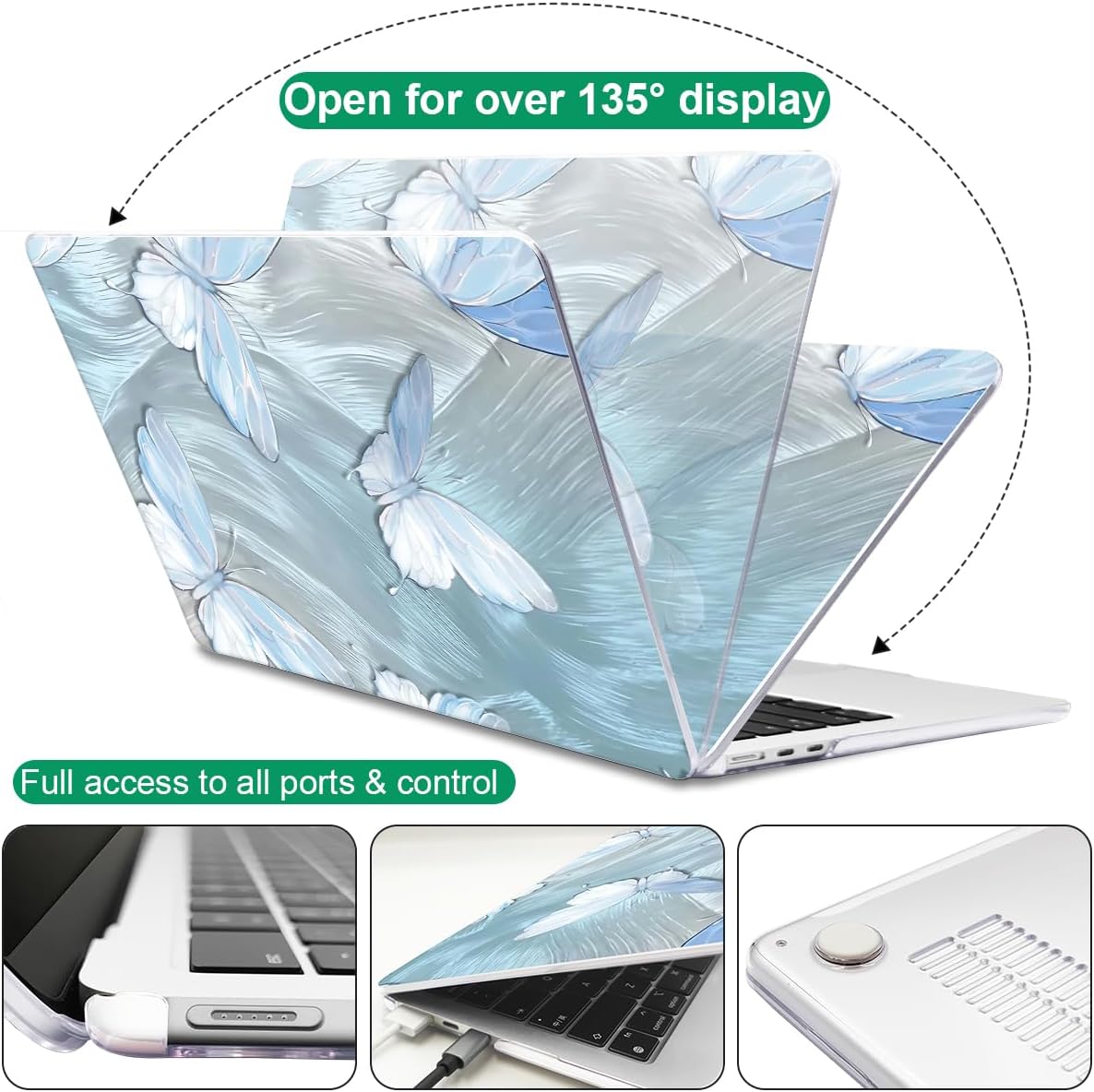 for MacBook Air 13.6 inch Case M4 2025 A3240 2024 M3 A3113 M2 A2681 2022 2023,Crystal Clear Printed Pattern Plastic Hard Shell Cover for 2025 MacBook Air 13 M4 Touch ID, Tin Foil Butterfly