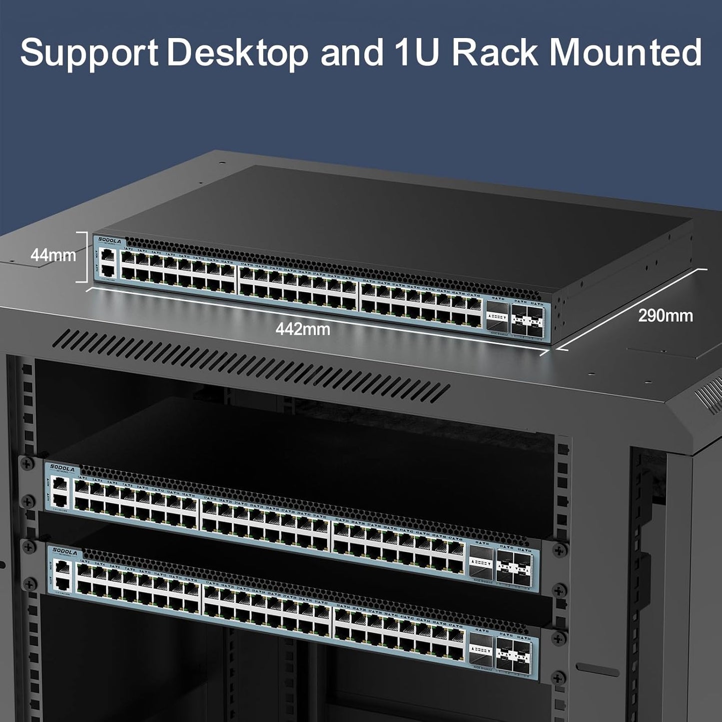 SODOLA 48 Port 2.5GbE Switch,L3 Managed e-Sports Mega-Switch with 4 x 40 QSFP+,4 x 25G SFP28,MLAG/Overlay/SDN, 96W, Multi-Gig Smart Web Managed Switch