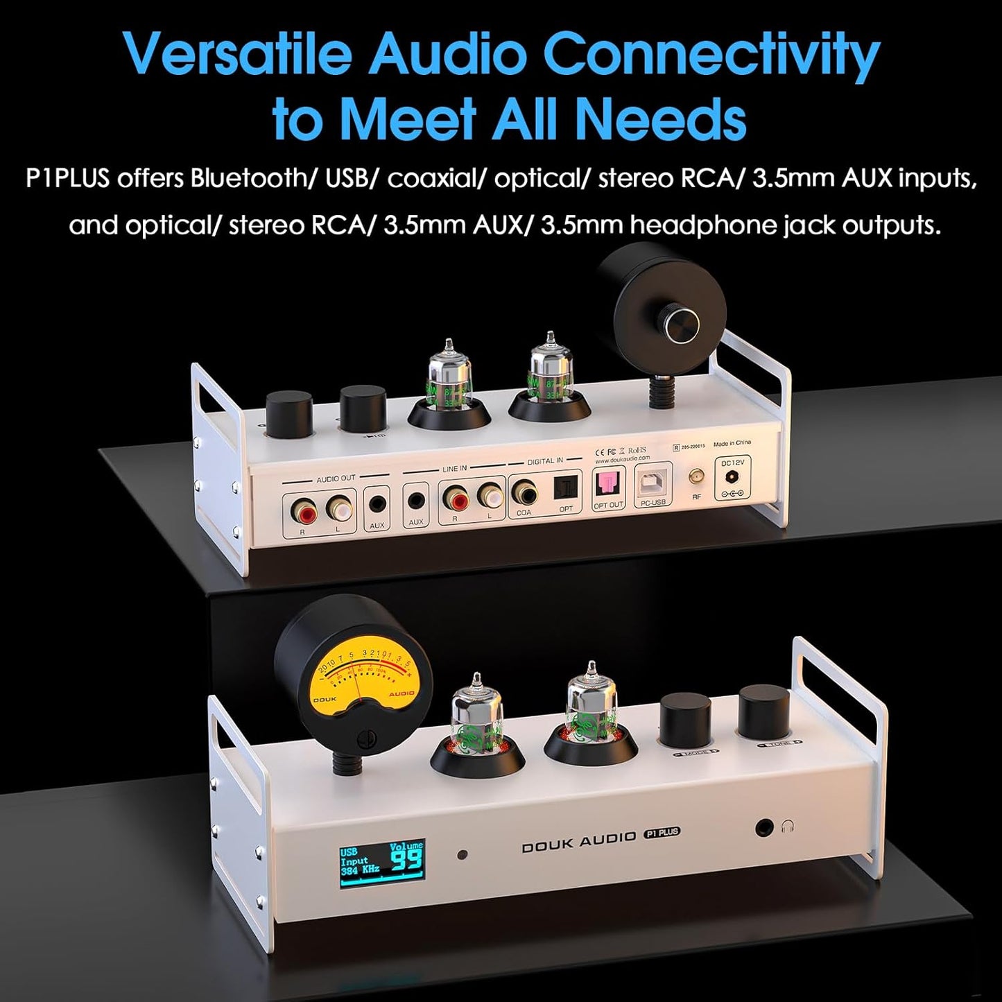 Douk Audio 2 Channel Bluetooth Vacuum Tube Preamp, Hi-Fi Headphone Amp, USB DAC PC Sound Card, Wireless Receiver Audio Preamplifier with VU Meter, Optical, Coaxial, APTX, LDAC, DSD256, Remote Control