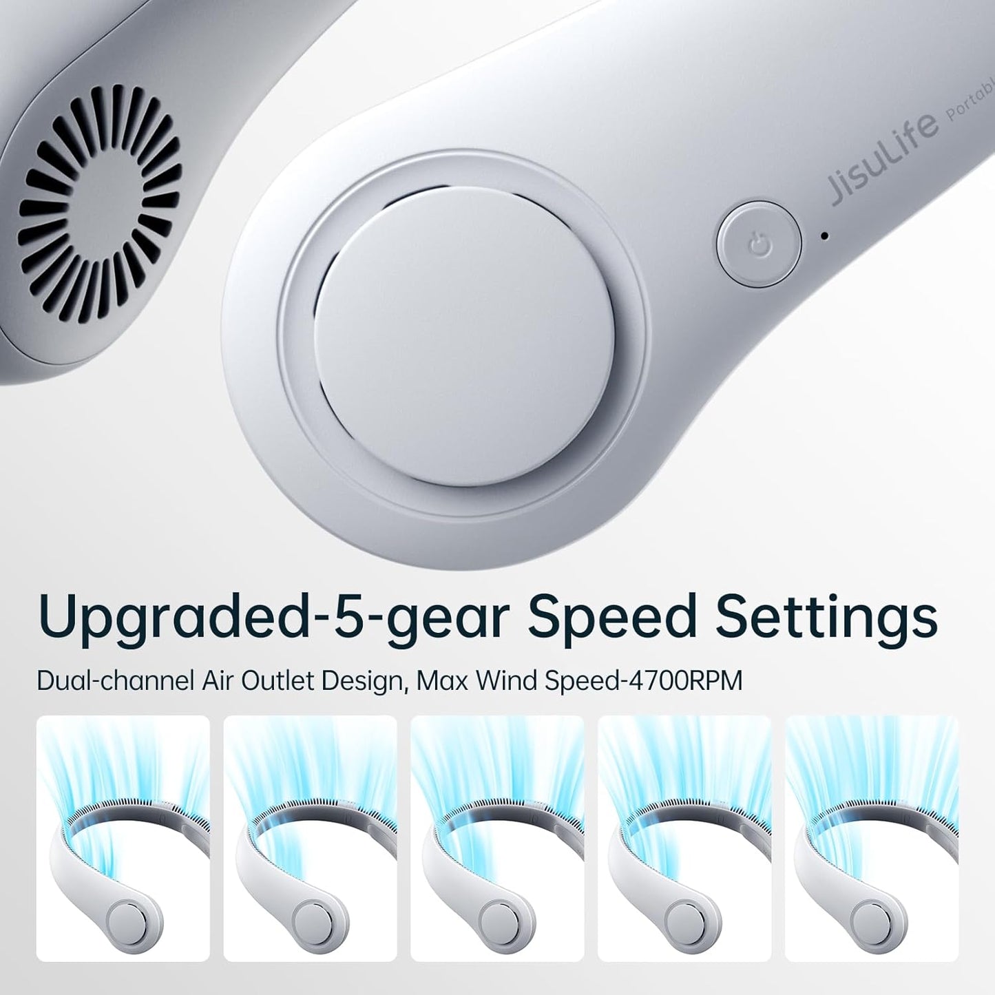 JISULIFE Portable Neck Fan, Hands-Free Bladeless, 5 Speeds, 4000 mAh Battery Operated Wearable Personal Fan, Twistable, Rechargeable, Gift for Women Men-Grey