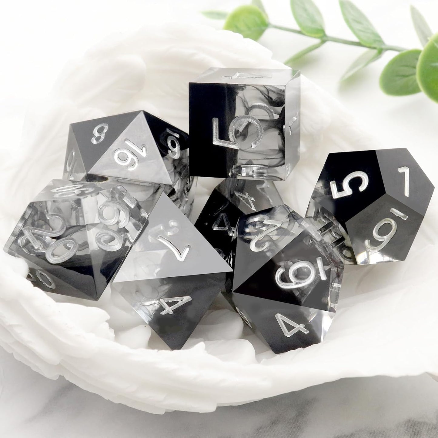 Haxtec Sharp Edge DND Dice Set Black Swirls Resin Dice with Dice Case D&D Dice for RPG Role Playing Games Compatible with Dungeons and Dragons Gifts