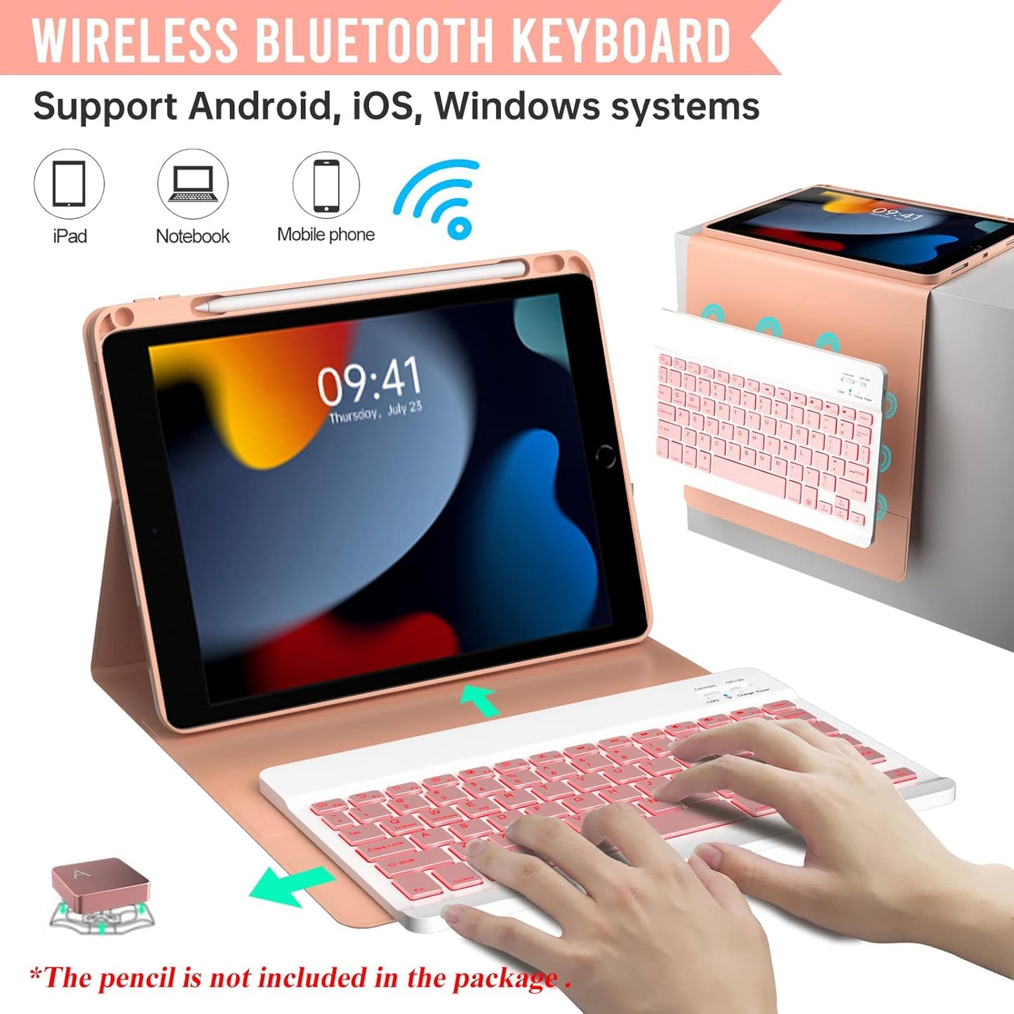 BLUTLOTUS Keyboard Case for iPad 9th/8th/7th Generation 10.2 inch,360° Rotatable iPad Pro 10.5-inch Air 3 Case with Pencil Holder,7 Color Backlit Bluetooth Keyboard Folio Cover (Rose Gold)