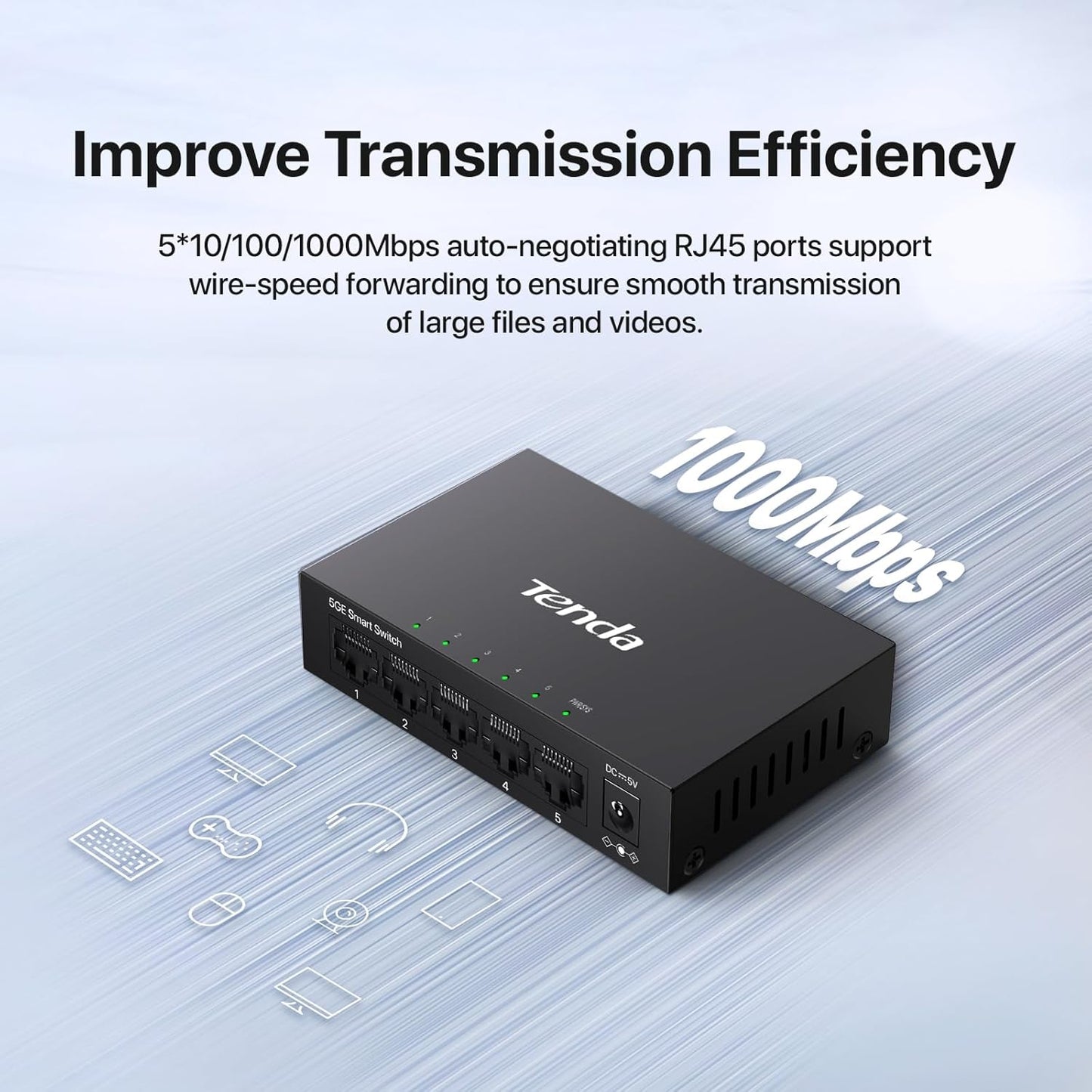 Tenda TEG205E, 5 Port Managed Gigabit Switch, Easy Smart Managed, Base-T Ports, Desktop/Wall-Mount, VLAN/IGMP/LAG/QoS, 10Gbps Switching Capacity, Fanless Metal Design