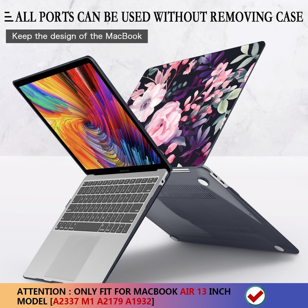 CISSOOK Compatible with MacBook Air 13 inch Case M1 2021 2020-2018 Release Model A2337 A2179 A1932, Flower Plastic Hard Shell Case Black Cover for MacBook Air 13 inch with Touch ID- Pink Flowers