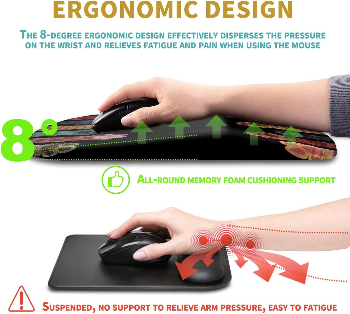 Hokafenle Ergonomic Mouse Pad Wrist Support with Massage Design, Wrist Rest Pain Relief Mousepad with Memory Foam&Non-Slip PU Base, Mouse Pads for Wireless Mouse & Desk (12x8 inch,Paw)