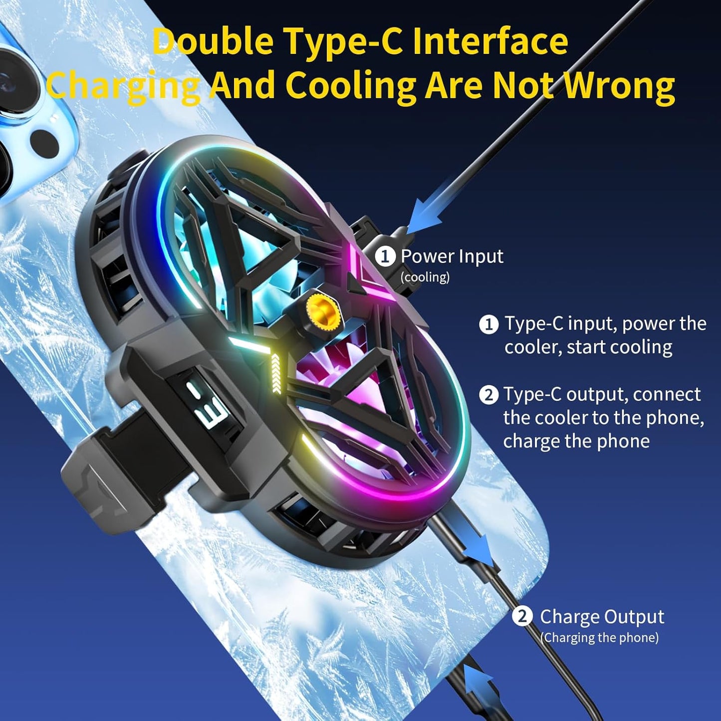 Cell Phone Cooler with LED, Cooling Power, Compatible with 2.5-3.5 Inch Wide Smartphones for Gaming, Live Streaming and Video Recording